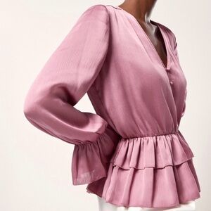Massimo Dutti mauve pink lavender satin crepe ruffle blouse